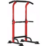 SogesPower Power Tower Dip Station Pull Up Bar for Home Gym Adjustable Height Strength Training Workout Equipment,Red