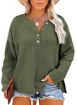 Eytino Womens Plus Size Long Sleeve Sweaters Casual V Neck Button Down Henley Shirts Side Split Pullover Oversize Chunky Sweatshirt Knit Tops,2X C Green