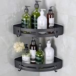 Mayhomy Shower Shelves Corner Caddy - 2 Piece No-Drill Shower Shelf Organizer, Adhesive Bathroom Shampoo Holder with 4 Hooks (Matte Black)