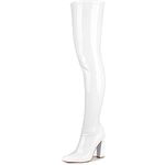 WSKEISP Women's Thigh High Boots Patent Leather PU Heeled Over The Knee High Boots Sexy Pointed Toe Chunky Heel GOGO Boots, White, 9.5