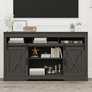 FansaFurn Farmhouse TV Stand for 65+ Inch TV, 34'' Tall Entertainment Center with Sliding Barn Doors, Rustic Wood Media Console Storage Cabinet Television Stand for Living Room, Bedroom (Dark Grey)