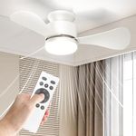 Small White Ceiling Fan with Light and Remote, 28" Low Profile Ceiling Fan Light with 3 Color Temperature, 6 Speed, Quiet Reversible Flush Mount Ceiling Fan for Bedroom Outdoor, Ventilateur Plafond