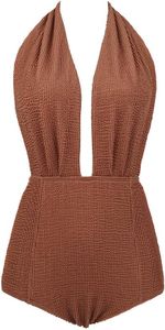 COCOSHIP Latte & Light Brown Crinkled Fabric Retro One Piece Backless Bather Swimsuit Pin Up Swimwear Beachwear M(US6 or US8)