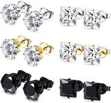 JOERICA 6 Pairs Stainless Steel Stud Earrings for Men Women CZ Earrings 9mm