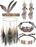 Hicarer 5 Pieces Indian Native American Jewelry Set Includes Feather Headdress Faux Peacock Feather Hair Band Boho Dream Catcher Dangle Earrings Choker Necklace Bracelet for Women Catcher Tassel, PU