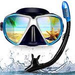 Adult Snorkel Set, Professional Snorkeling Gear Panoramic Anti-Fog Diving Goggles and Dry Snorkel Tempered Glass Scuba Diving Mask for Diving, Snorkeling and Swimming (Blue Set)