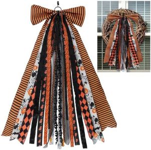 Halloween Ribbon Bows, Orange Black Wreath Sash for Front Door Decor