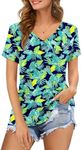 Amoretu Womens Short Sleeve V Neck Shirts Summer Fashion Boho Tops, Leaf Printed S