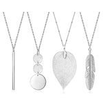 4 PCS Long Necklaces for Women - Fashion Pendant Necklace Jewelry, Silver Bar Feather Circle Leaf Lock Tassel Y Necklace Jewelry Set for Girls