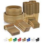 720 Piece Gold Disposable Dinnerware Set (120 Guests) Plastic Dinnerware Set Disposable - 120 Count, 9" Dinner Plates, 7" Dessert Plates, 12oz Cups, Forks, Knives & Spoons- Plastic Party Plates Set