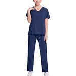 Scrubs for Women Set Stretchy 2 Piece Short Sleeve Medical Scrub Shirts and and Jogger Pants Summer Nurse Scrubs Set Workwear Scrubs for Women Set Jogger Pants (Navy,M)