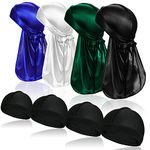 ASKNOTO 4 Pcs Silky Men Durag Headwraps with Long Tail and 4 Pcs Silk Wave Cap Perfect for 360 Waves