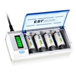 EBL Upgraded Battery Charger for AA AAA C D 9V, Rechargeable Battery Charger with 4-Count C Size 5000mAh Rechargeable Batteries, LCD Smart Individual Charger with Discharge Function