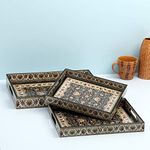 DULI Set of 3 MDF Wood Enamel Coated Multipurpose Trays (15 * 11 * 2, 13 * 10 * 1.75 & 11 * 9 * 1.5) Inches (Set3 Black Jamawaar)