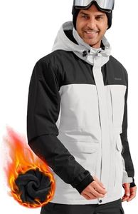 FREE SOLDIER Men's Waterproof Ski Jacket Fleece Lined Warm Winter Snow Coat with Hood Fully Taped Seams(White Black,L)