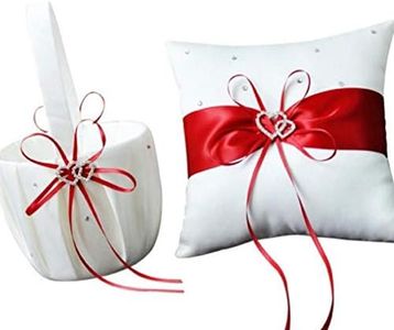2 Heart Rhinestones Ivory/White/Blue Trimming/Red Trimming Satin Large Wedding Ring Bearer Pillow and Basket Set (White with Red Trimming)
