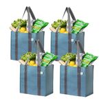 VENO 4 Pack Reusable Grocery Bags and Shopping Bags with Handles and Hard Bottom, Compact Convenience Size. Foldable, Durable, Heavy Duty Utility Tote - Perfect for Shopping Cart (Light Blue, 4 Pack)