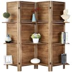 KRAFTEE Wooden Room Divider Partition-Foldable Wood Screen Divider for Office, Restaurant, Living Room, Bedroom, and Patti Design - Four Panels with Three Shelves-Brown