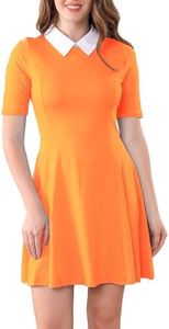 Aphratti Women's Short Sleeve Peter Pan Collar Cute Skater Dress Fit and Flare A-Line Casual Dresses Orange Small