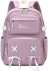 El-fmly Lightweigt School Bookbag Travel Backpack Daypack with Cute Ribbon for Kids Teen Girls Students (Purple)