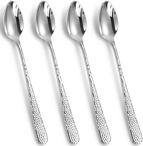 KEAWELL Premium Louise Hammered Long Handle Iced Tea Spoons: 4-Piece/8-Piece Set, 18/10 Stainless Steel, Long Teaspoons, Long Coffee Spoons, Brightly Mirror-Polished, Dishwasher Safe (4, 7.5 inches)