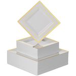 BloominGoods 100 PCS Disposable Plastic White Square Plates, 100-Pack 6.5 & 10 In. Combo Premium Heavy Duty Gold Rim Square Plastic Plates, Ideal For Wedding, Party, Event Or Catering