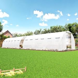 AMERLIFE Large Walk-in Tunnel Greenhouse 10×44 FT with Watering System, Heavy Duty Greenhouse with 4 Support Poles, Front/Back Doors, Mesh Windows, Galvanized Steel Frame & UV-Proof PE Cover White