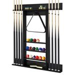 SPOTRAVEL Billiards Pool Cue Rack, Wall Mounted Cue Rack Stand with 3 Tiers Ball Slots & 8 Clips, Billiard Pool Table Accessories for Club (Black)