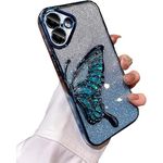 MOBITUSSION Designed for iPhone 16 Case | Cute Glitter Butterfly Flexible Electroplated Cover | Individual Camera Protection Lens (Glitter Butterfly- Blue)