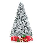 COSTWAY 7.5 FT Snow Flocked Christmas Tree, Artificial Holiday Hinged Pine Tree with 1010 Branch Tips, Solid Metal Stand, Premium Xmas Full Fake Tree for Home, Office, Party Decoration