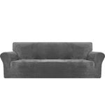 MAXIJIN Thick Velvet Extra Large Sofa Covers 4 Seater Super Stretch Non Slip Oversized Couch Cover for Dogs Cat Pet 1-Piece XL Sofa Slipcover Elastic Furniture Protector (4 Seater, Grey)