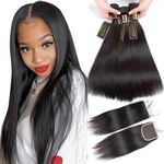 QTHAIR 10A Straight Human Hair Bundles with Closure(18 20 22+16,Free Part,Natural Black) Indian Straight Virgin Hair with 4x4 Lace Closure Frontal 100% Unprocessed Human Hair Weave with Closure