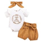 IWEMEK Newborn Baby Girls 1st Birthday Outfits Letter Print Ruffle Short Sleeve Romper Jumpsuit + Polka Dots Shorts + Bowknot Headband Summer Holiday Daily Wear 3PCS Outfit Sets White 12-18 Months