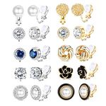 JeryWe 10 Pairs Clip Earrings Stud for Women Clip On Earrings for Non Pierced CZ Flower Simulated Freshwater Pearl Twist Knot Clip Earrings Sets