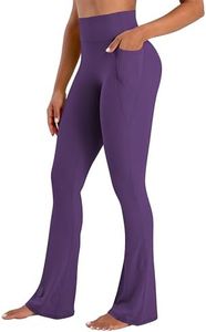 Sunzel No Front Seam Flare Leggings for Women with Pockets Hidden Butt Lifting Scrunch Tummy Control Mini Flared Yoga Pants 32" Inseam Purple Medium
