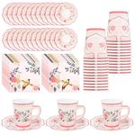 MOVNOGIFT Disposable Tea Party Cups - 24 Pack Floral Tea Cup with Handles and Saucer Set Paper Tea Party Decorations for Kids Girls Coffee Mugs Wedding Birthday Bridal Baby Shower Tea Party Supplies