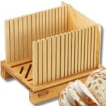 Bamboo Bread Slicer for Homemade Bread - Adjustable Slice Width Bread Slicing Guides with Sturdy Wooden Cutting Board - Compact & Foldable - Makes Cutting Bagels or Even Bread Slices Easy