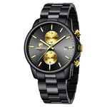 GOLDEN HOUR Men's Watches with Black Stainless Steel and Metal Casual Waterproof Chronograph Quartz Watch, Auto Date in Gold Hands