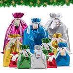 Christmas Drawstring Bags - 18 pcs Reusable Xmas Present Fast Wrapping Foil Bags with Tags, Assorted Size Shining Gift Bags for Birthday Goody Holiday Treat or Party Favor