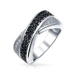 Two Tone Black And White Pave Cubic Zirconia CZ Criss-Cross X Band Ring For Women For Girlfriend .925 Sterling Silver