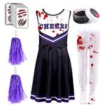 Kavoc 5 PCS Zombie Cheerleader Costume Set Include Dress Pantyhose Poms Stickers Fake Blood Gel for Girls Halloween Dress Up (10-12Years, Black-Purple)