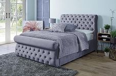 DECORE4U LTD Azzurra Chesterfield Grey Plush Velvet Sleigh Bed Frame with Designer Headboard and Footboard (4FT6)