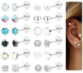 JeweBella 12 Pairs Flat Back Earrings Surgical Steel Earrings Studs for Women Men Hypoallergenic Stud Earrings 20G Cartilage Earrings Moonstone Opal CZ Turquoise Sleeper Earrings for Sensitive Ears