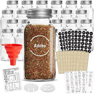 Talented Kitchen 24 Glass 6 oz Spice Jars with Lids and Labels, Large Glass Spice Jars with Shaker Lids, Sift/Pour, Course Shakers, Clear and Chalkboard Style Stickers