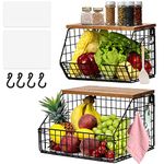 TIOYOTY Hanging Fruit Basket, Fruit Bowl Hanging Basket for Kitchen, Wall Fruit Basket with Wooden Lid, Fruit and Vegetable Basket for Counter, Onion and Potato Snack Bread Holder (Lagre and Small)