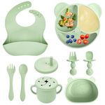 comeder Baby Weaning Set, 10 Pcs Silicone Baby Feeding Set, Baby Led Weaning Feeding Supplies for Toddlers, Baby Plates and Bowls Sets with Adjustable Bib, Food Plate Kit, Fork & Spoon (Green)