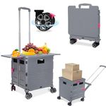 SELORSS BY10WX Foldable Shopping Trolley on 4 Wheels, 55L/80KG Large Capacity, Upgrade Flat Pull Style Collapsible Mobility Box Rolling Cart with Extended Lid, Grocery Dolly for Camping/Teacher, Grey