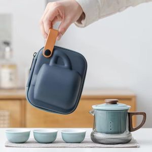 Elegant Travel Tea Set - Glass Ceramic Travel Teapot & Cups for On-The-Go Brewing with Bag (Ocean)