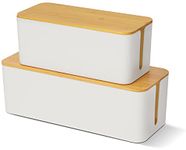 Cable Tidy Box Set of 2 Cable Storage Box Larger Cable Organizer Box with Bamboo Lid for Hiding Messy Cables Wire Management 16"x 6.2"x 5.4" and 12.6"x 5.3"x 5.1"