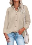 HOTOUCH Womens Button Down Long Sleeve Shirt Casual Office Shirts Loose V Neck Blouses Beige L